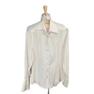 LUXE Kiton Pure Silk Blouse 42 Off White/Ivory Dress Shirt Solid Business Womens